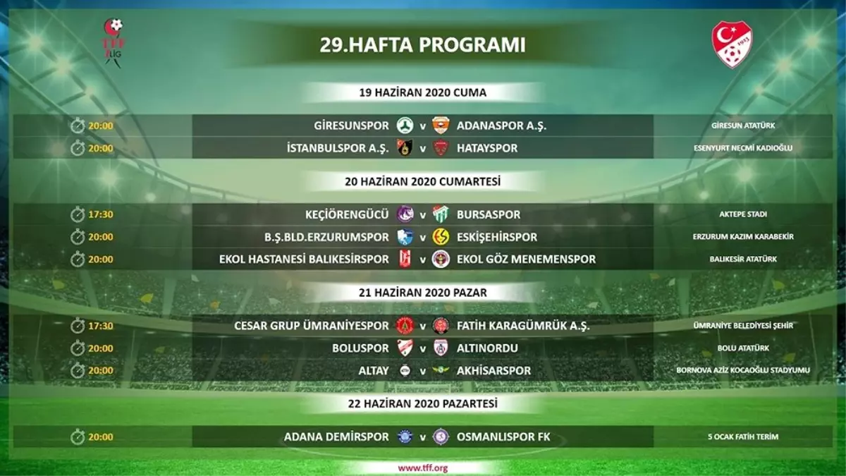 TFF 1. Lig\'de 29, 30, 31 ve 32. hafta programları belli oldu