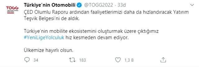 Yerli otomobil için Yatırım Teşvik Belgesi alındı