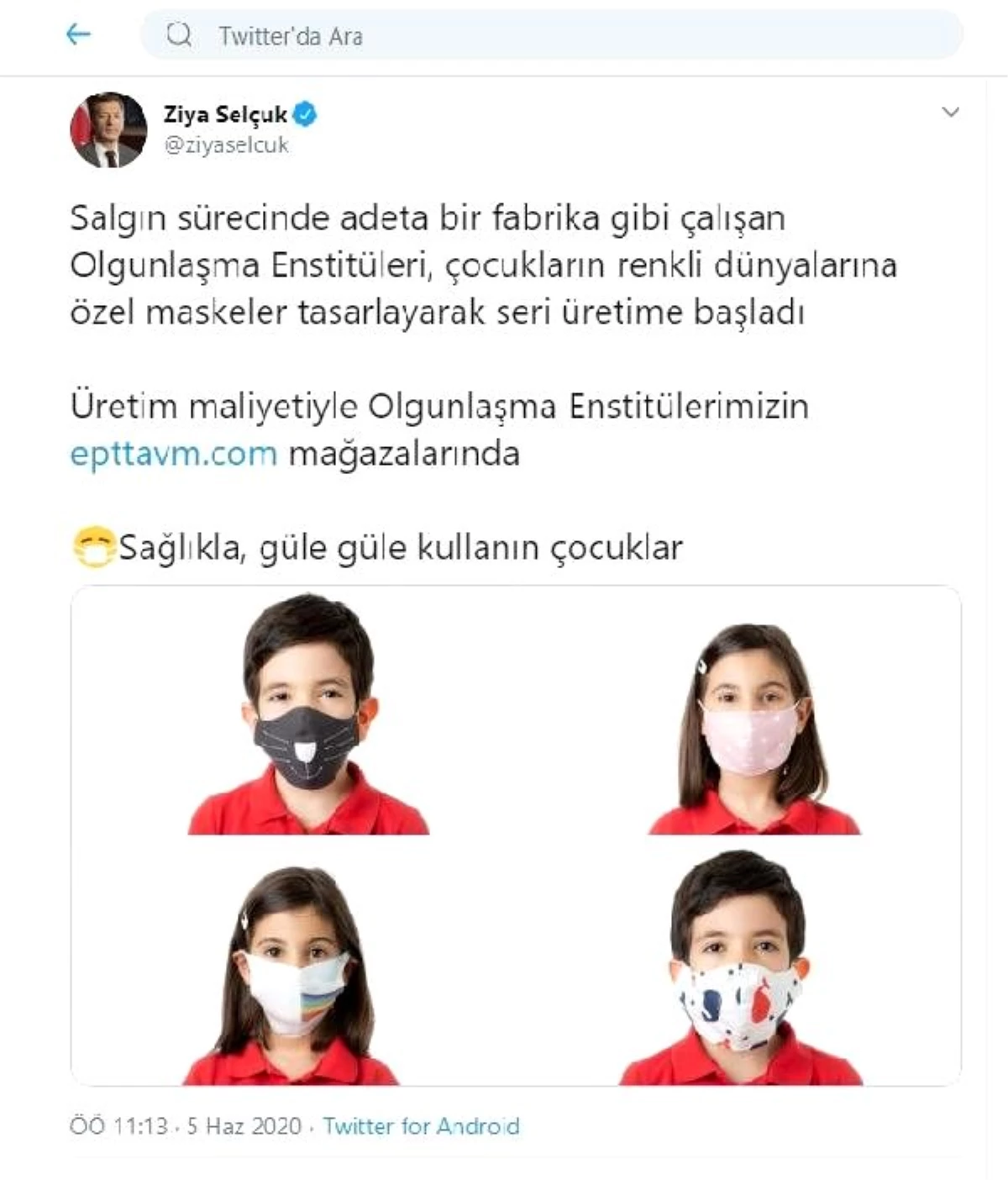 Son dakika... Bakan Selçuk\'tan \'çocuklara özel maske\' paylaşımı