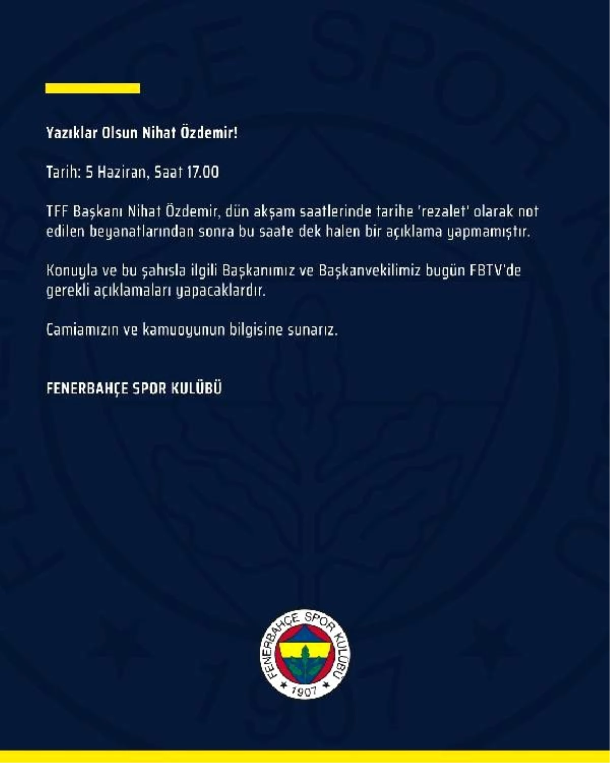 Fenerbahçe\'den TFF Başkanı Nihat Özdemir\'e tepki