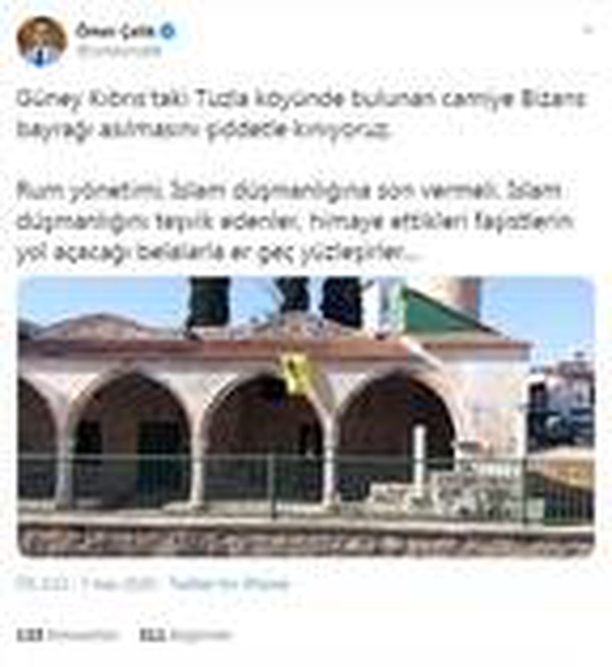 AK Parti\'li Çelik: Güney Kıbrıs\'ta camiye Bizans bayrağı asılmasını kınıyoruz