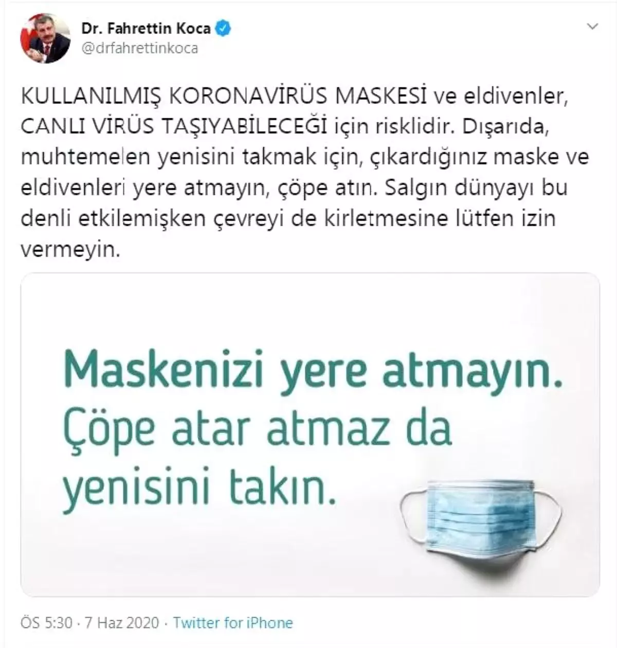 Bakan Koca: Çıkardığınız maske ve eldivenleri yere atmayın, çöpe atın