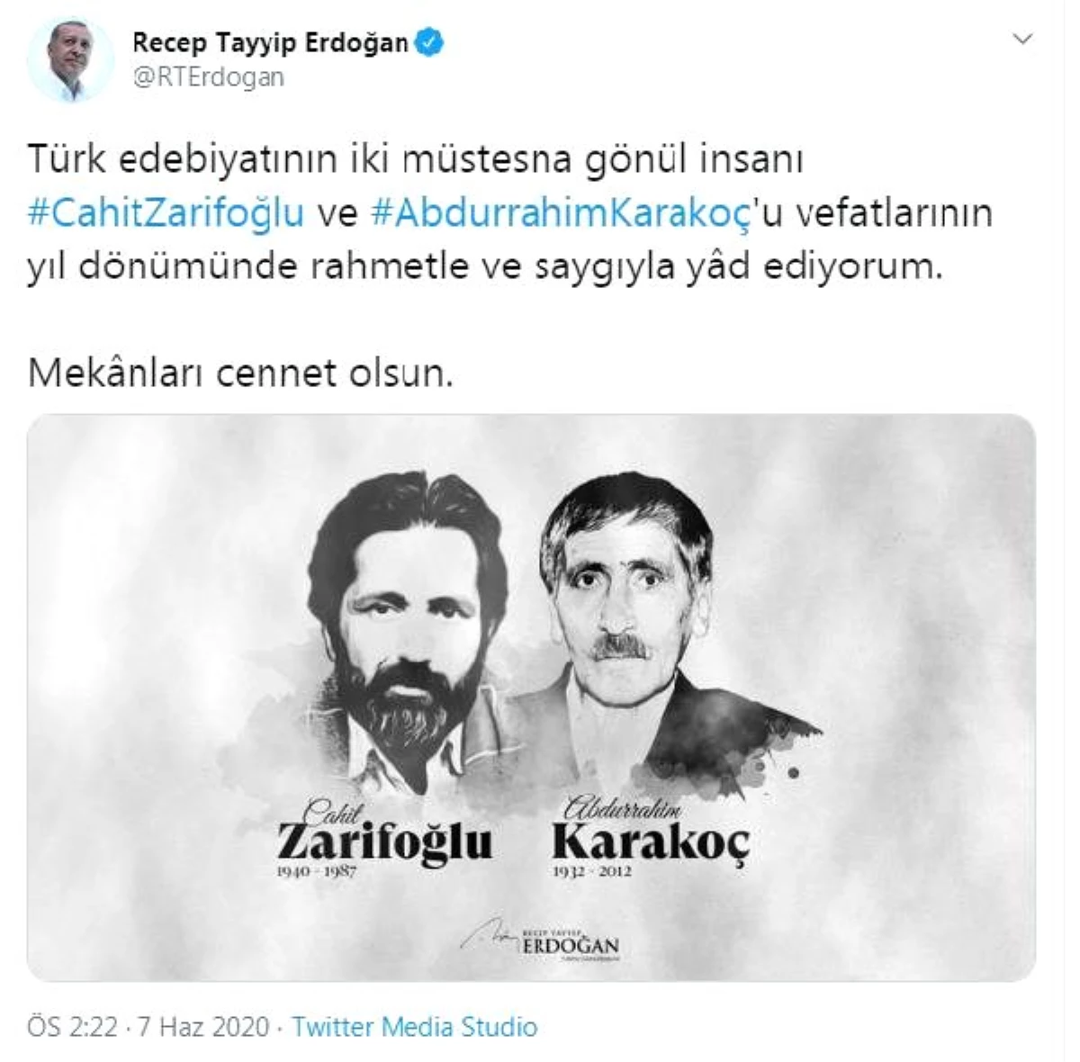 Cumhurbaşkanı Erdoğan, şair Karakoç ve Zarifoğlu\'nu andı