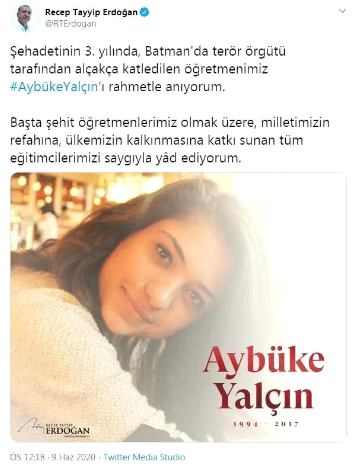 Cumhurbaşkanı Erdoğan, şehit öğretmen Aybüke Yalçın\'ı andı