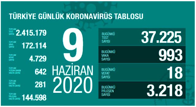 Son Dakika: Türkiye'de 9 Haziran günü koronavirüs nedeniyle 18 kişi hayatını kaybetti, 993 yeni vaka tespit edildi