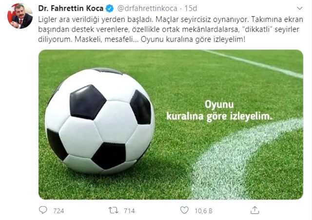 Bakan Koca'dan Süper Lig'in yeniden başlamasına ilişkin paylaşım: Oyunu kuralına göre izleyelim!