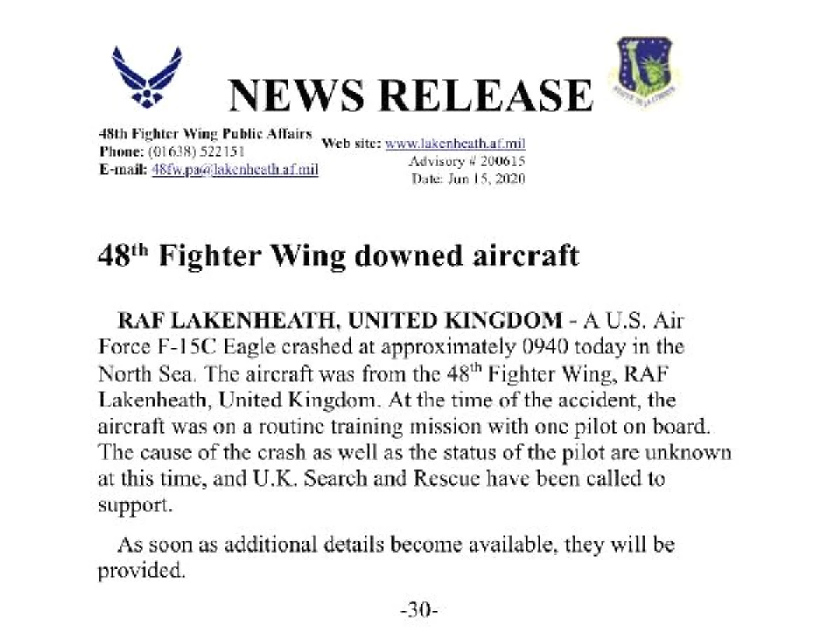 ABD\'ye ait savaş uçağı İngiltere\'de denize düştü