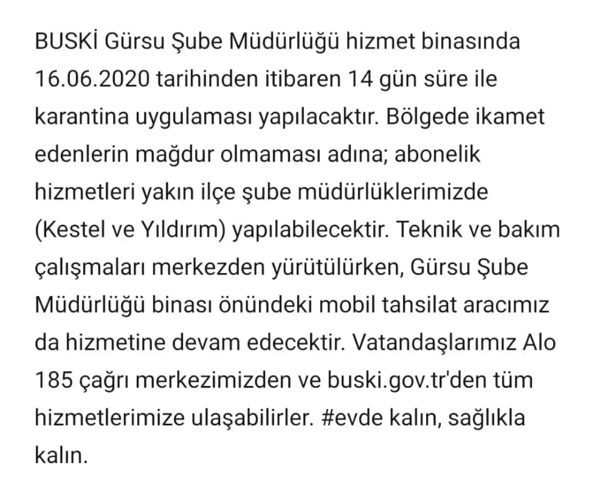 Bursa\'da BUSKİ Şubesi 14 gün karantina altına alındı