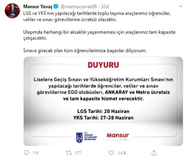 Ankara'da LGS ve YKS'nin yapılacağı tarihlerde toplu taşıma ücretsiz