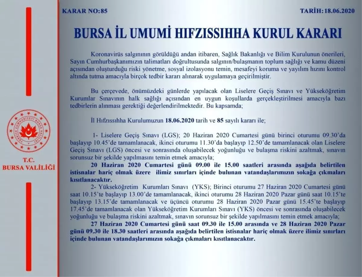 Bursa Valiliği hafta sonu kısıtlaması kararını açıkladı