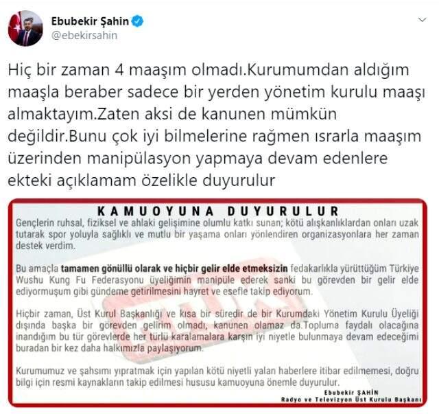 RTÜK Başkanı Ebubekir Şahin, çeşitli kurumlardan 4 maaş aldığı iddialarına açıklık getirdi