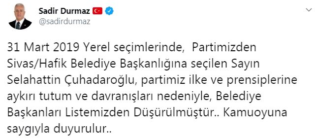 Son dakika: Hafik Belediye Başkanı, parti ilkelerine aykırı davrandığı gerekçesiyle MHP'nin listesinden düşürüldü