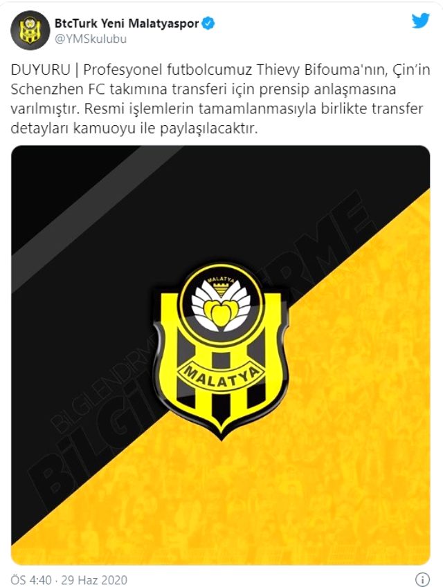 Yeni Malatyasporlu Bifouma, Çin'in Schenzhen FC takımına gidiyor