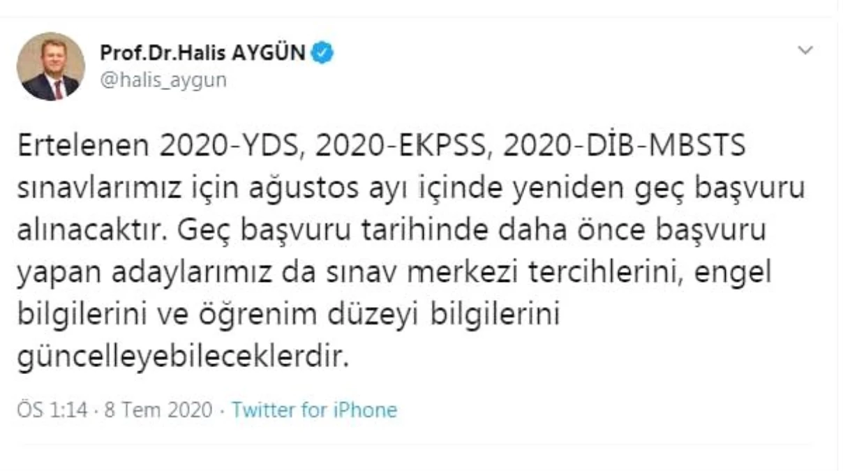 ÖSYM Başkanı Aygün: Ertelenen 3 sınav için geç başvuru alınacak