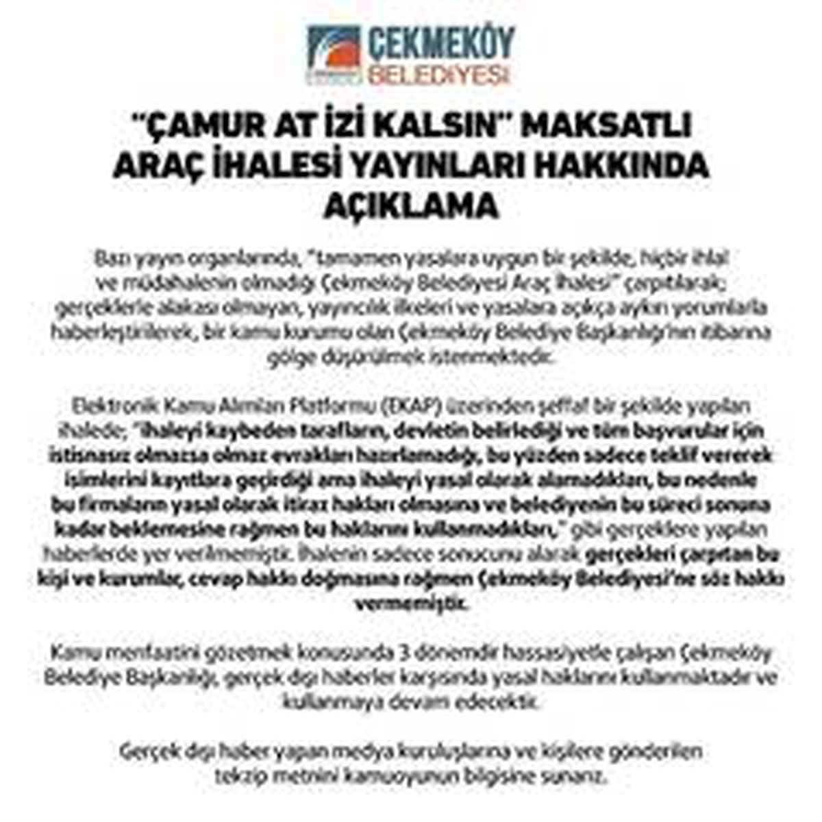 Çekmeköy Belediyesinden araç ihalesi yayınları hakkında açıklama