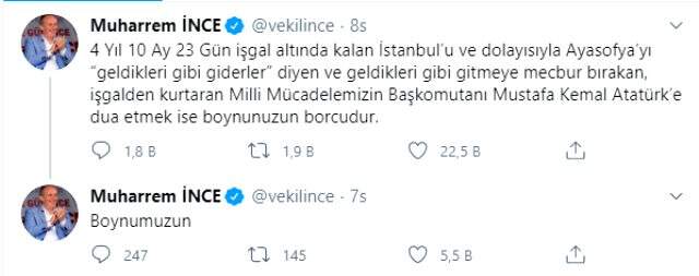 Muharrem İnce, Ayasofya'nın yeniden cami olması kararın ardından Atatürk'e dua etmeliyiz dedi