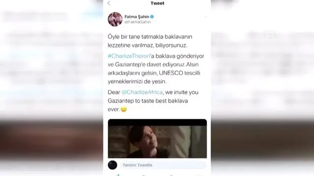 Fatma Şahin, filmde baklava yiyen Charlize Theron'ı Gaziantep'e davet etti