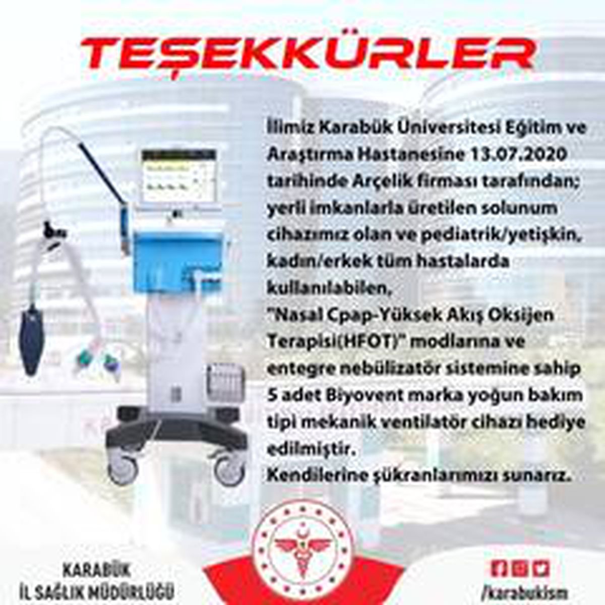 Karabük\'e 5 adet solunum cihazı hediye edildi
