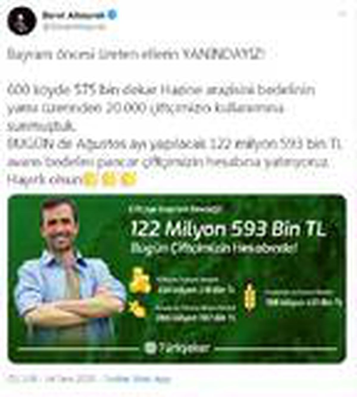 Bakan Albayrak: Pancar çiftçimizin hesabına 122 milyon 593 bin TL avans bedelini yatırıyoruz