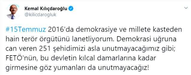 CHP Genel Başkanı Kemal Kılıçdaroğlu'ndan 15 Temmuz mesajı