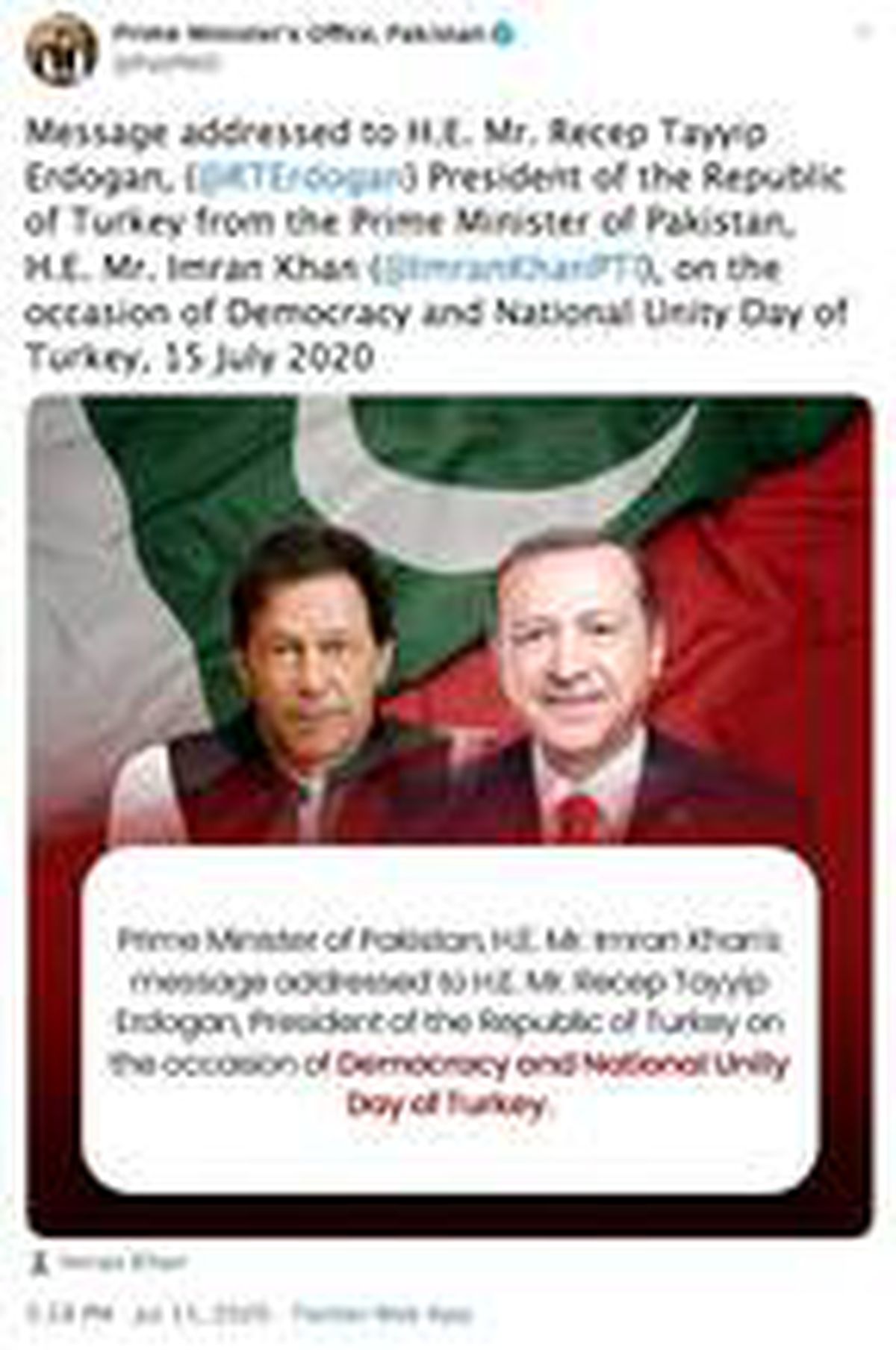Pakistan Başbakanı Khan\'dan Erdoğan\'a "15 Temmuz Milli Birlik Günü" mesajı
