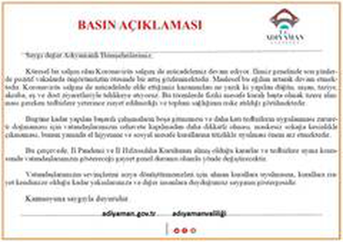 Adıyaman Valiliğinden korona virüs uyarısı