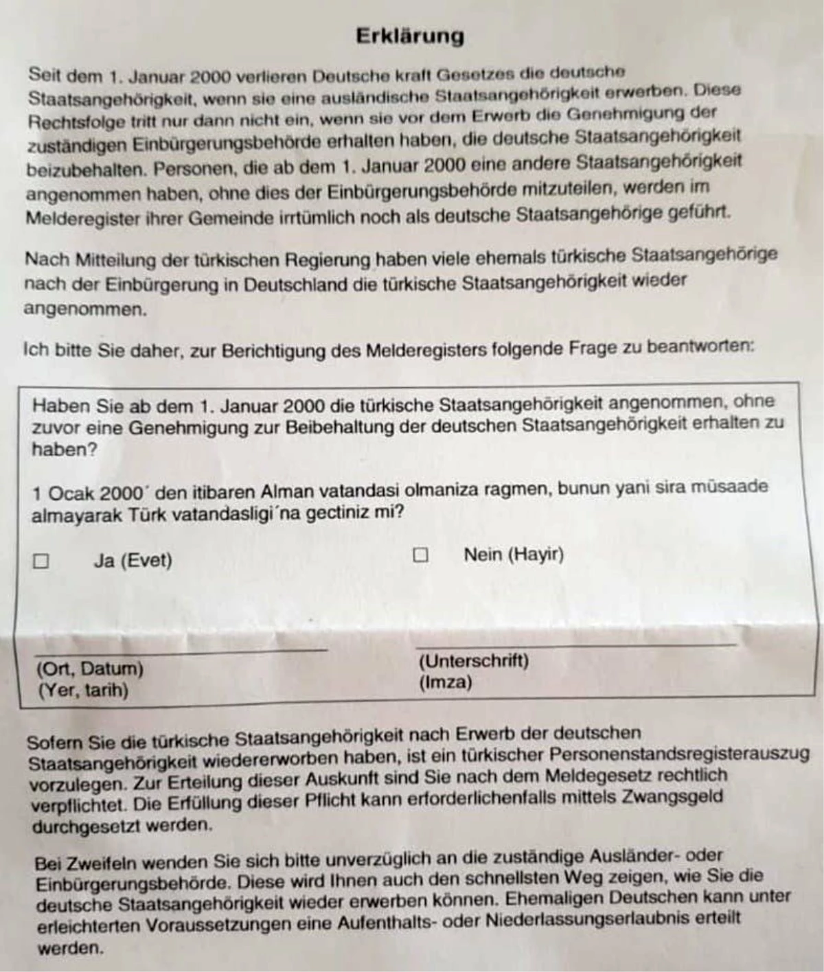 Almanya\'da yaşayan Türklere mektupla vatandaşlık sorgusu