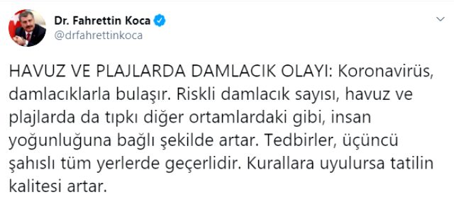 Sağlık Bakanı Koca'dan havuz ve deniz uyarısı: Kalabalığa bağlı olarak riskli damlacık sayısı artar