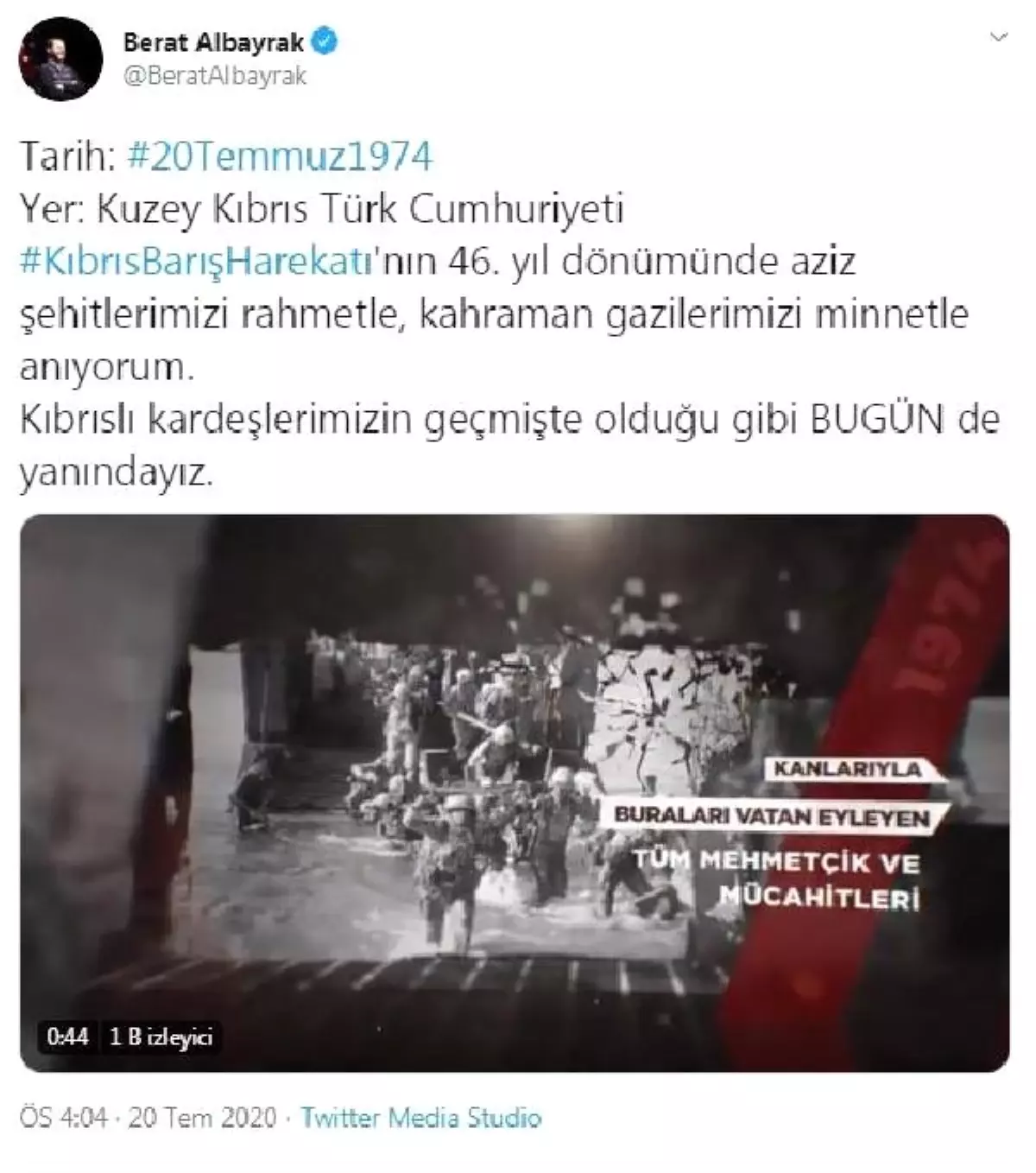 Bakan Albayrak\'tan, \'Kıbrıs Barış Harekatı\' paylaşımı