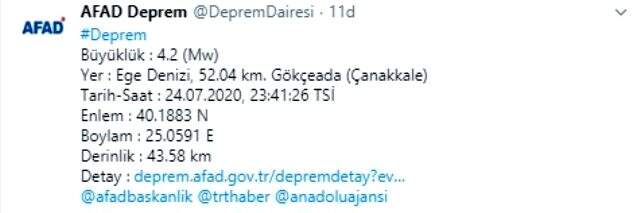 Son Dakika: Gökçeada'da 4.2 büyüklüğünde deprem meydana geldi