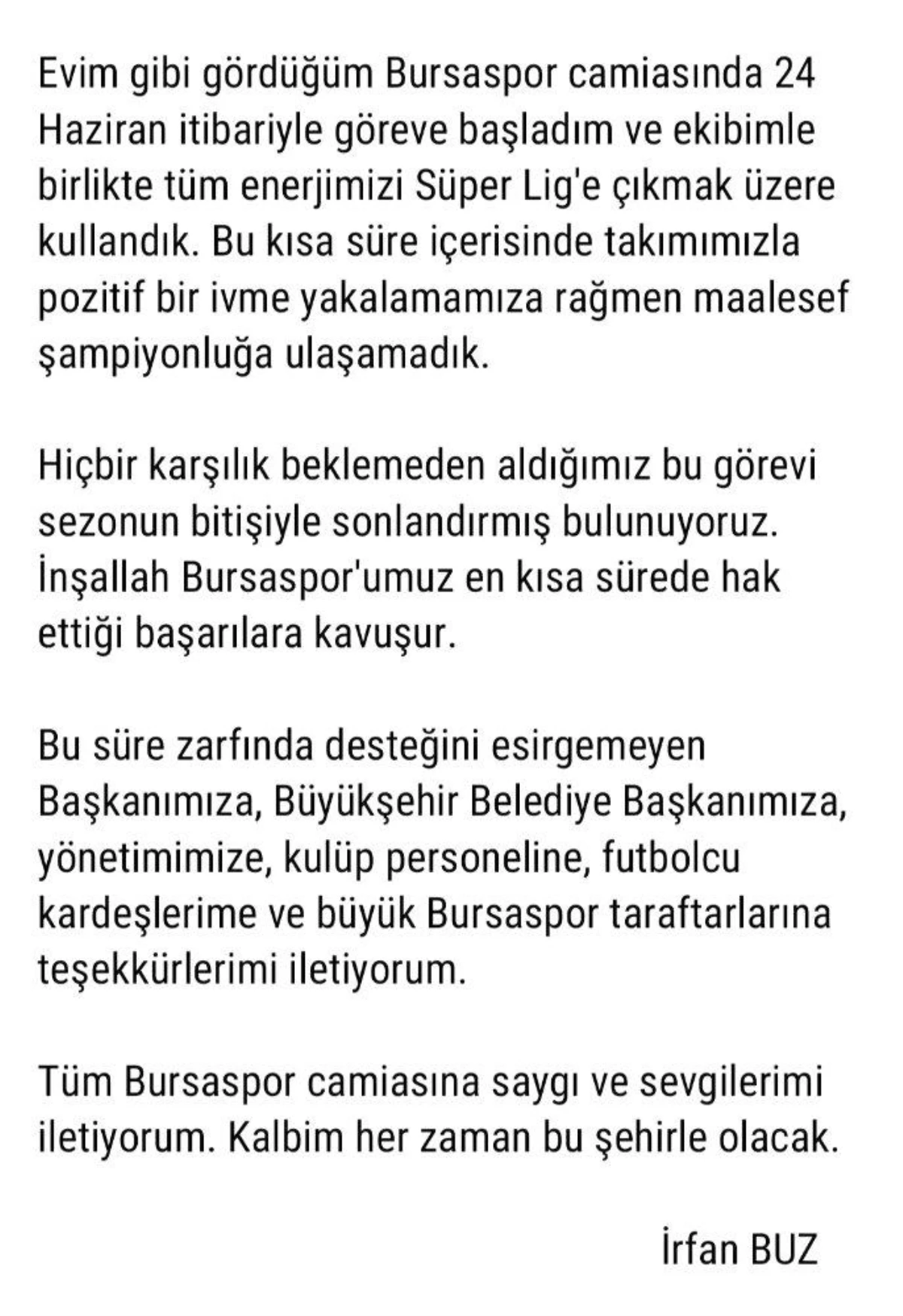 Son dakika haberi | İrfan Buz\'dan Bursaspor\'a veda mesajı