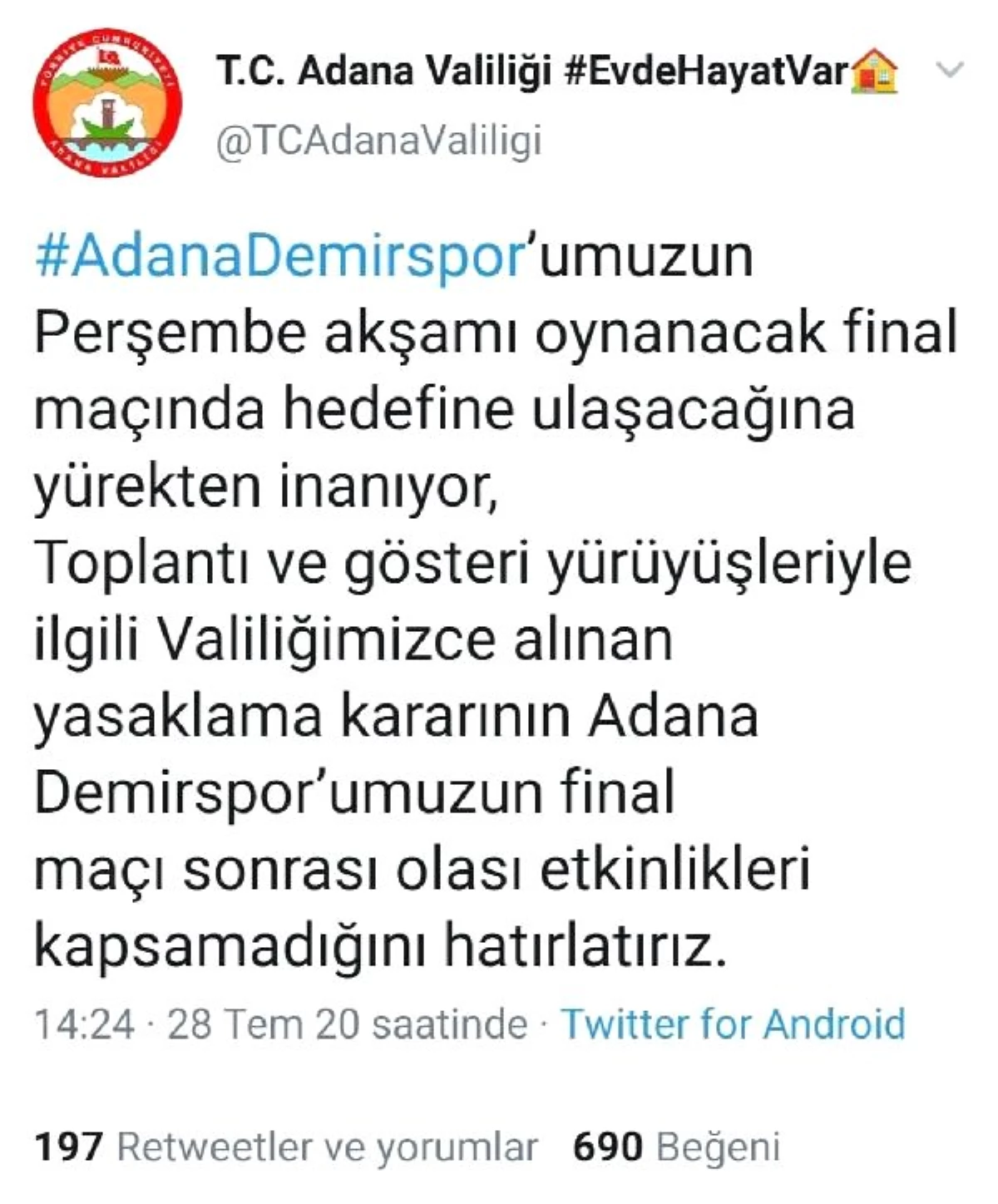 Adana\'da eylemler 3 gün yasaklandı, Adana Demirspor etkinlikleri muaf tutuldu