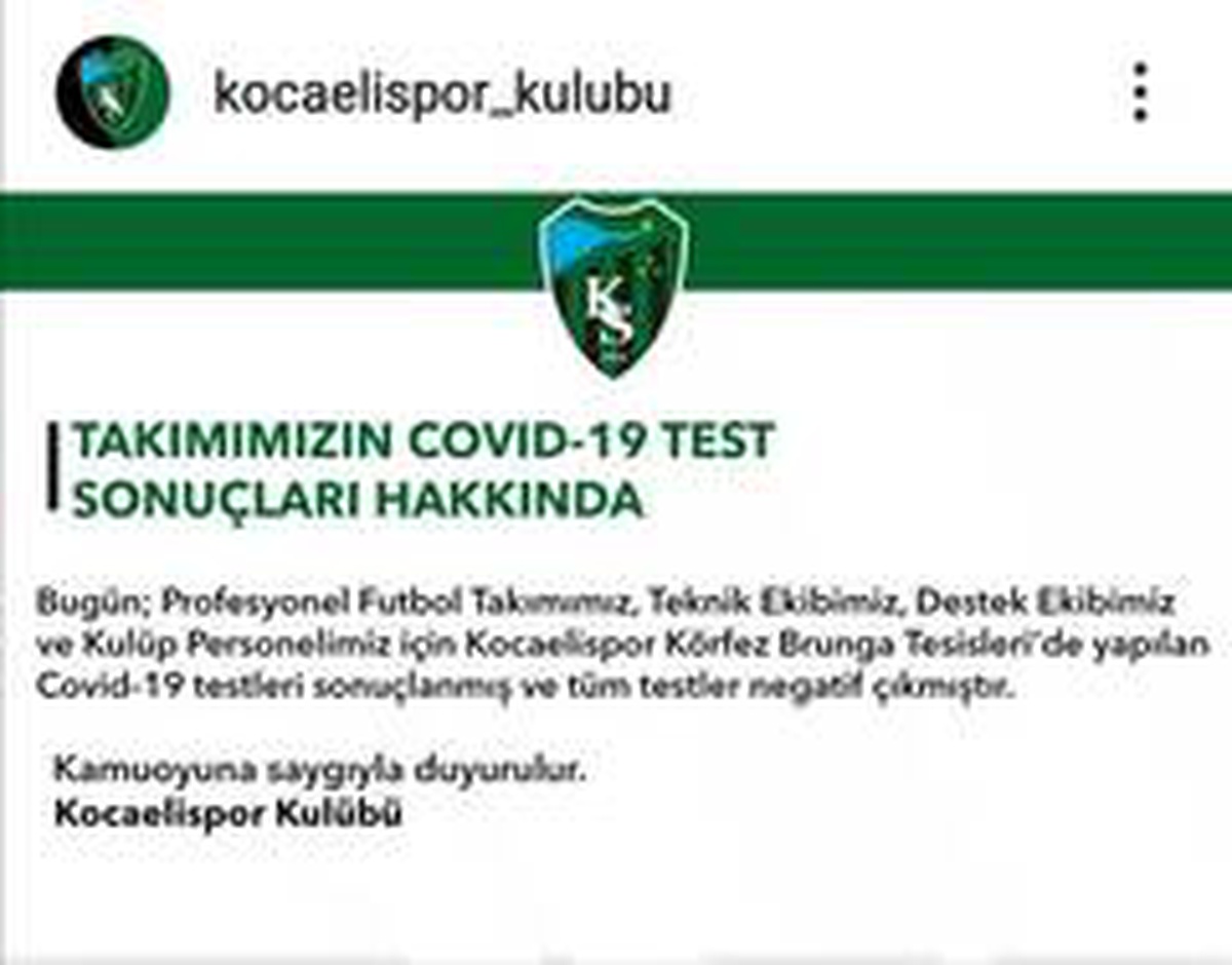 Kocaelispor\'da korona virüs testleri negatif çıktı