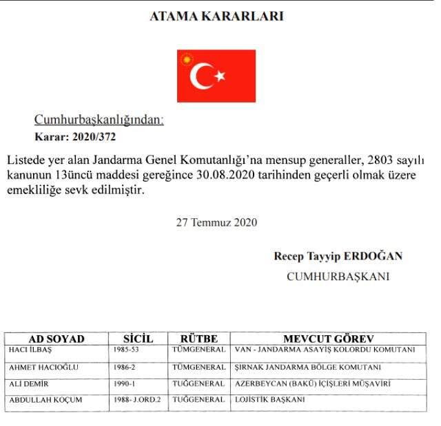 Son Dakika: Jandarma'da 4 general ve 60 albay emekliliğe sevk edildi