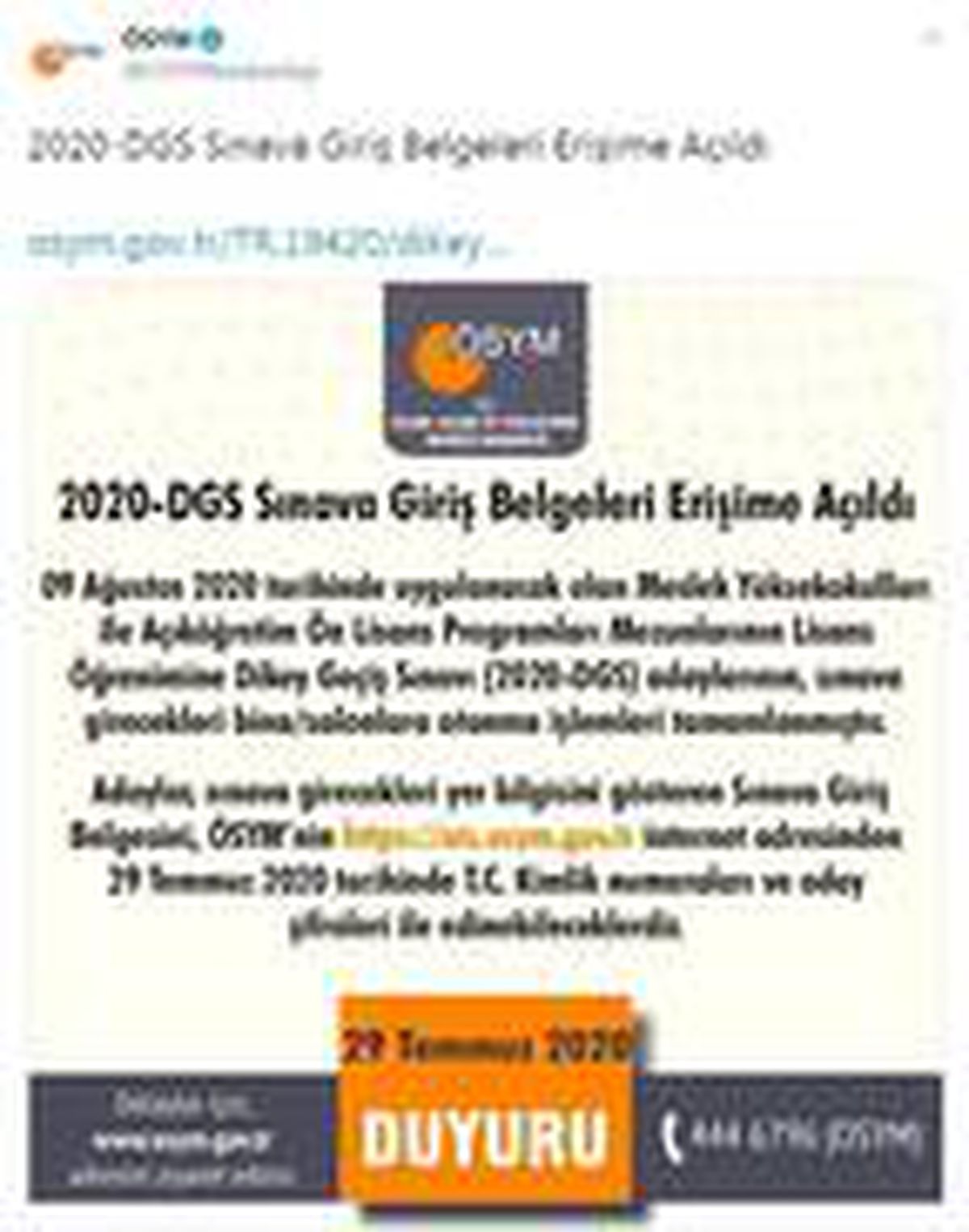 ÖSYM: 2020-DGS sınava giriş belgeleri erişime açıldı
