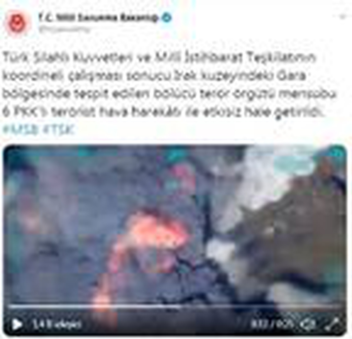 MSB: Irak kuzeyinde 6 PKK\'lı terörist etkisiz hale getirildi