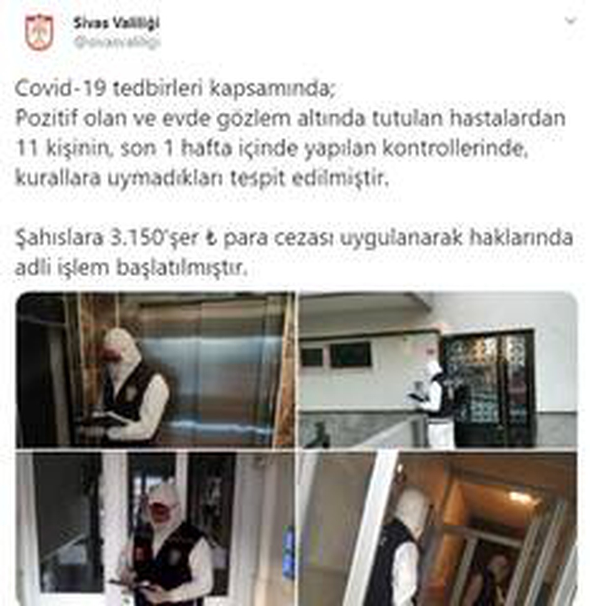 Sivas\'ta karantina kuralına uymayan 11 kişiye 31 bin 161 lira para cezası