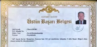 Kaymakam Duru, Üstün Başarı Belgesi ile ödüllendirildi