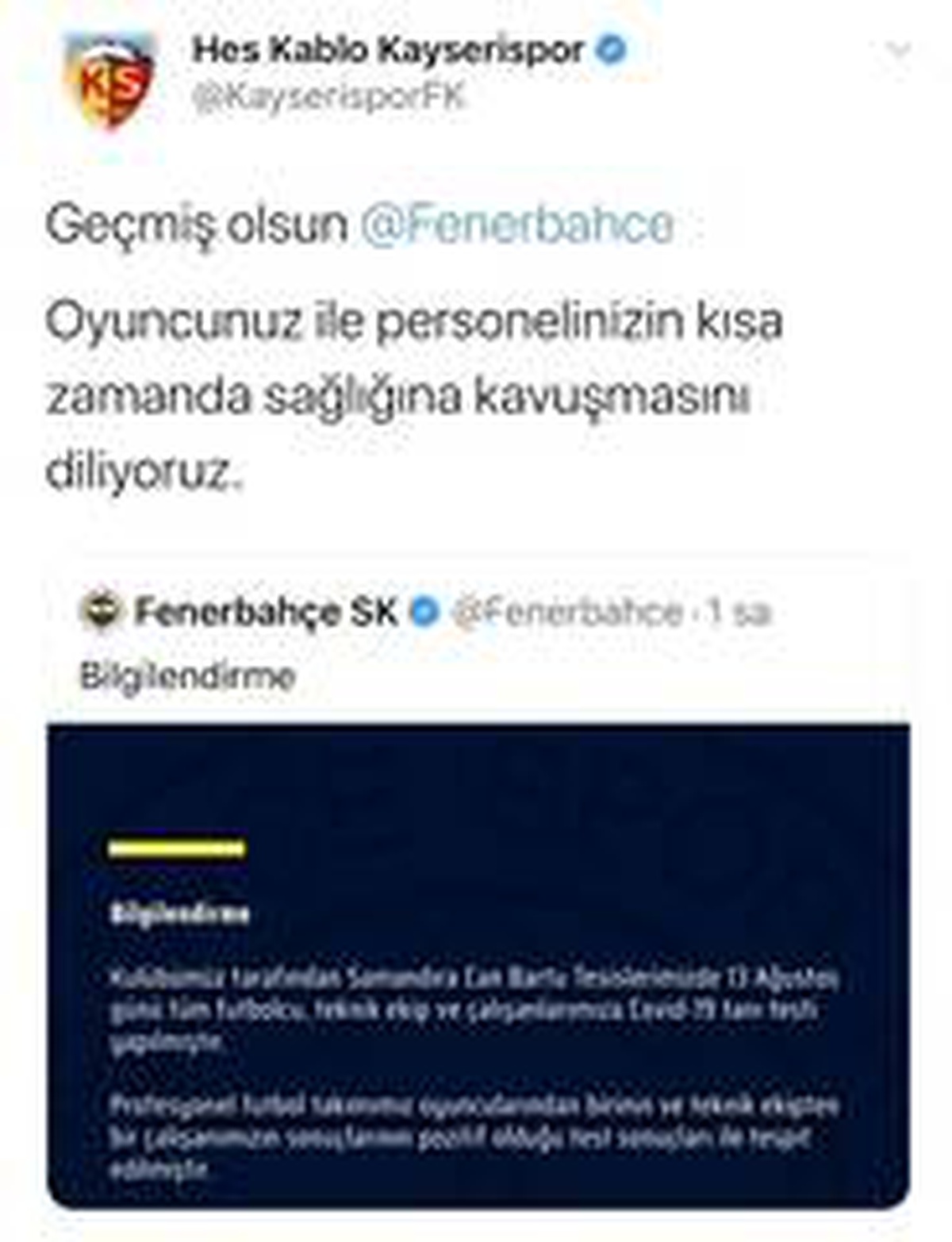 Kayserispor\'dan Fenerbahçe\'ye geçmiş olsun mesajı