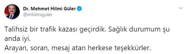 Son Dakika: Ordu Büyükşehir Belediye Başkanı Mehmet Hilmi Güler, Ankara yolunda trafik kazası geçirdi