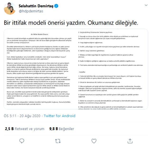 Selahattin Demirtaş'tan muhalefete ittifak çağrısı! Önerilerini 9 temel ilkeyle açıkladı