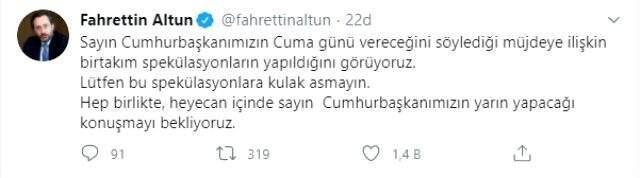 Son dakika: İletişim Başkanı Altun: Cumhurbaşkanımızın yarın vereceği müjdeye ilişkin spekülasyonlara kulak asmayın