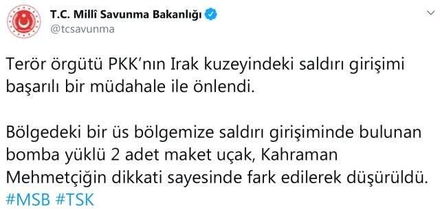 Terör örgütü PKK'nın bomba yüklü 2 maket uçağı düşürüldü