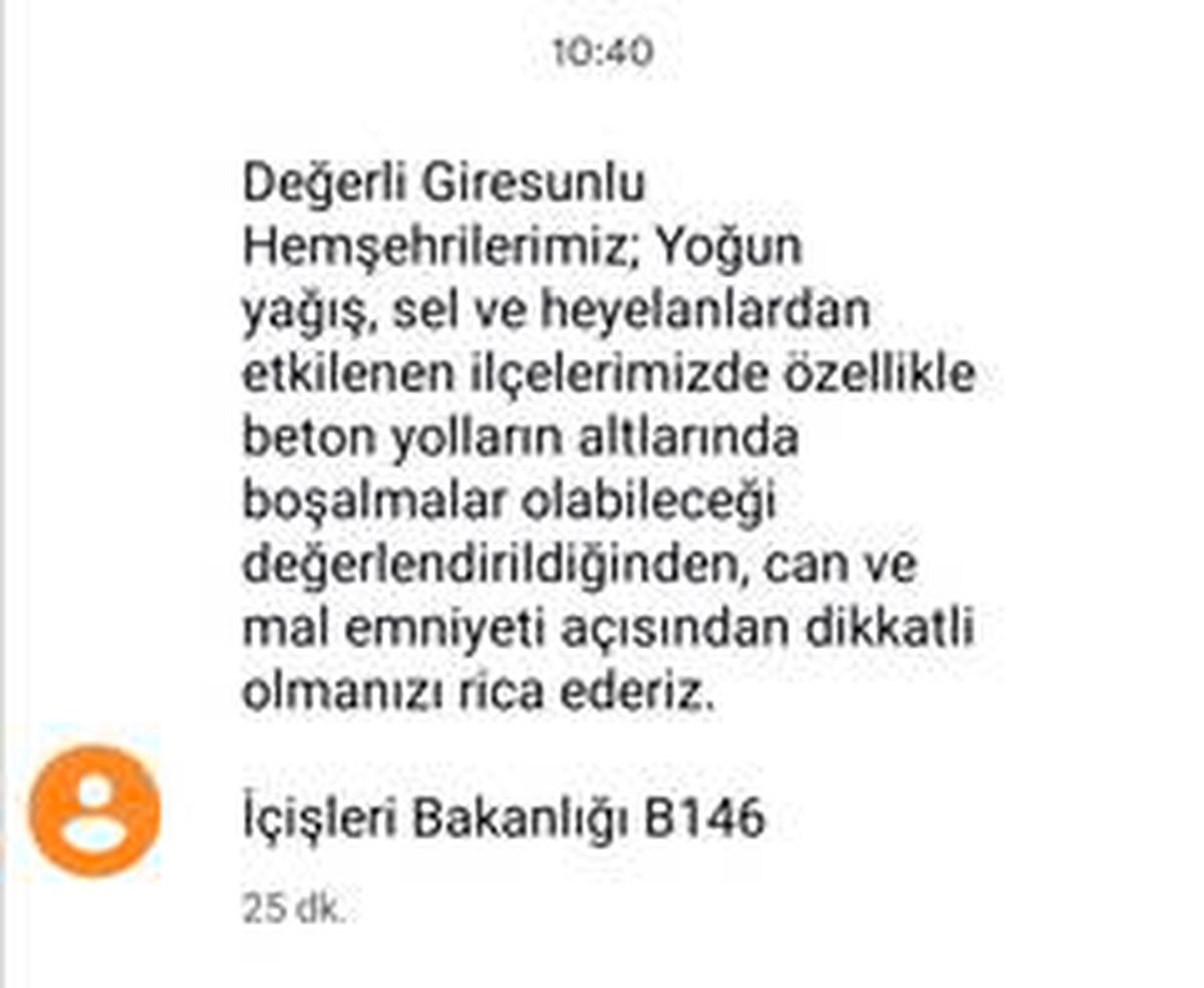 Son Dakika | İçişleri Bakanlığından SMS ile Giresun\'da tehlike uyarısı