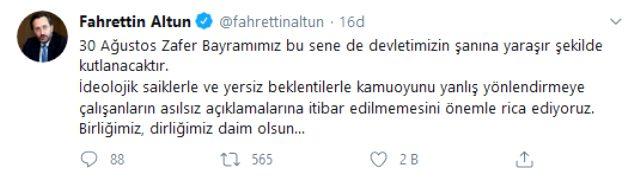 İletişim Başkanı Fahrettin Altun: 30 Ağustos devletimizin şanına yaraşır şekilde kutlanacak