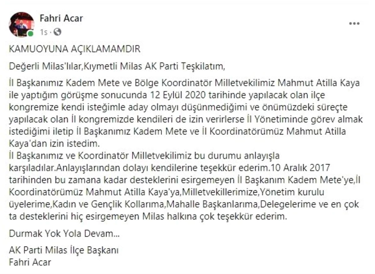 Acar: "Aday olmayı düşünmüyorum"