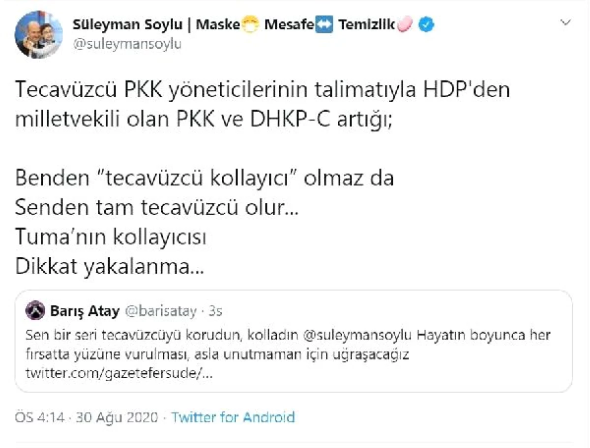 Bakan Soylu\'dan Atay\'a: Benden \'tecavüzcü kollayıcı\' olmaz da senden tam tecavüzcü olur