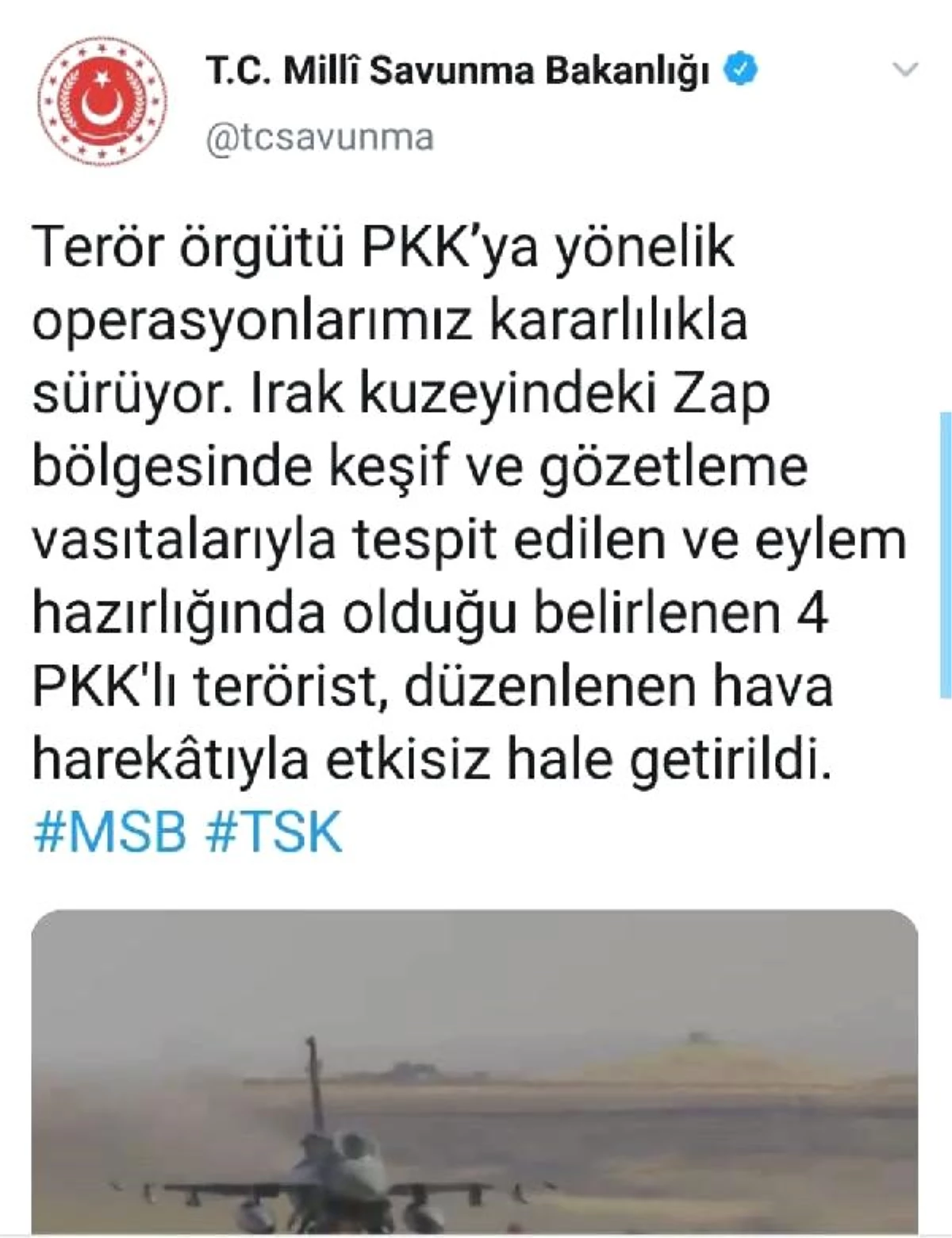 MSB: Irak kuzeyinde 4 PKK\'lı terörist etkisiz hale getirildi