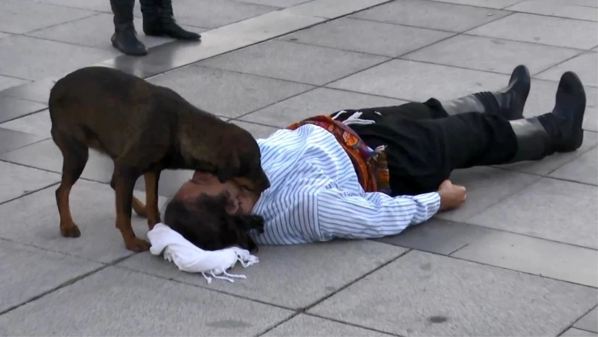 Şehir meydanında yaralı rolü yapan tiyatro oyuncusuna sokak köpeğinden şefkat