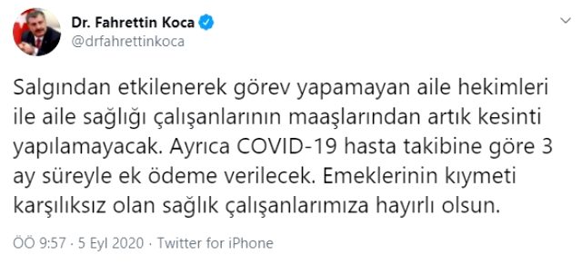 Son dakika: Koronavirüs nedeniyle çalışamayan aile hekimleri ve aile sağlığı çalışanlarının maaşlarından artık kesinti yapılmayacak